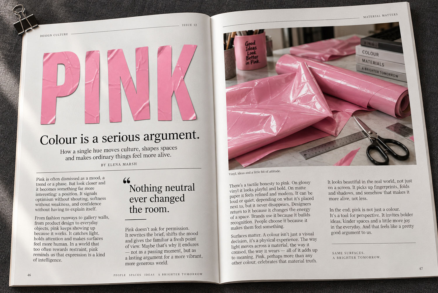 Pink Sticker Font Magazine Spread Open magazine spread with the word PINK set in the Pink Sticker Font