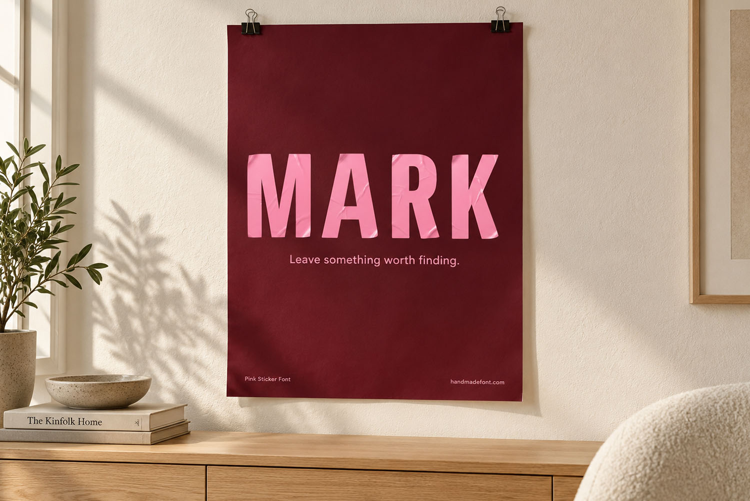 Pink Sticker Font Wall Poster Dark red wall poster with the word MARK set in the Pink Sticker Font
