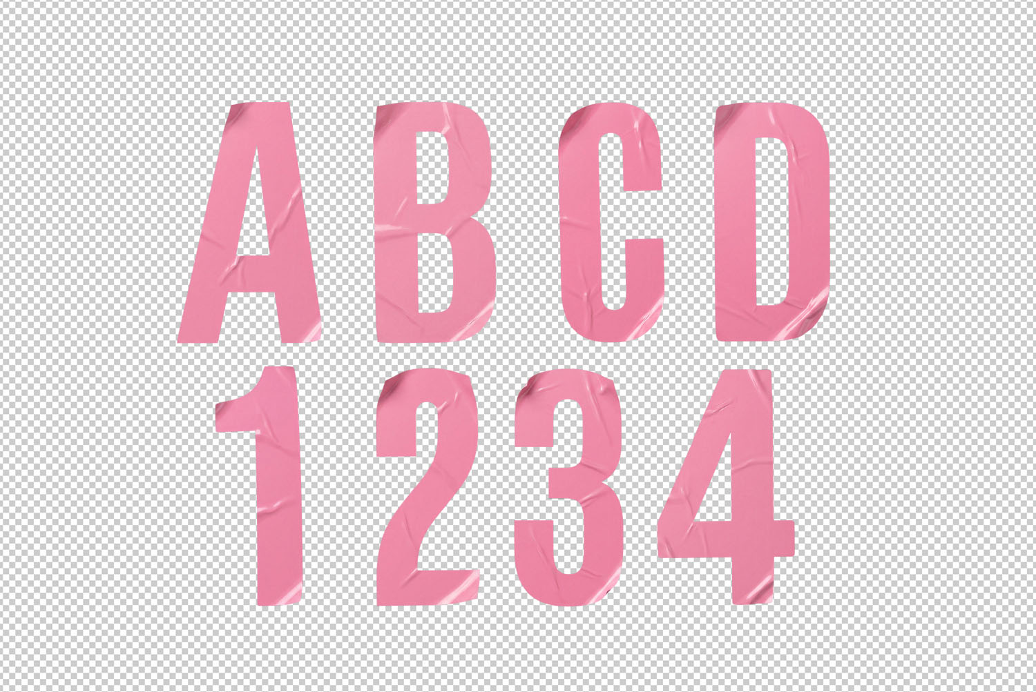 Pink Sticker Font Transparent PNG Letters Transparent PNG letters and numerals of the Pink Sticker Font on a checkered background