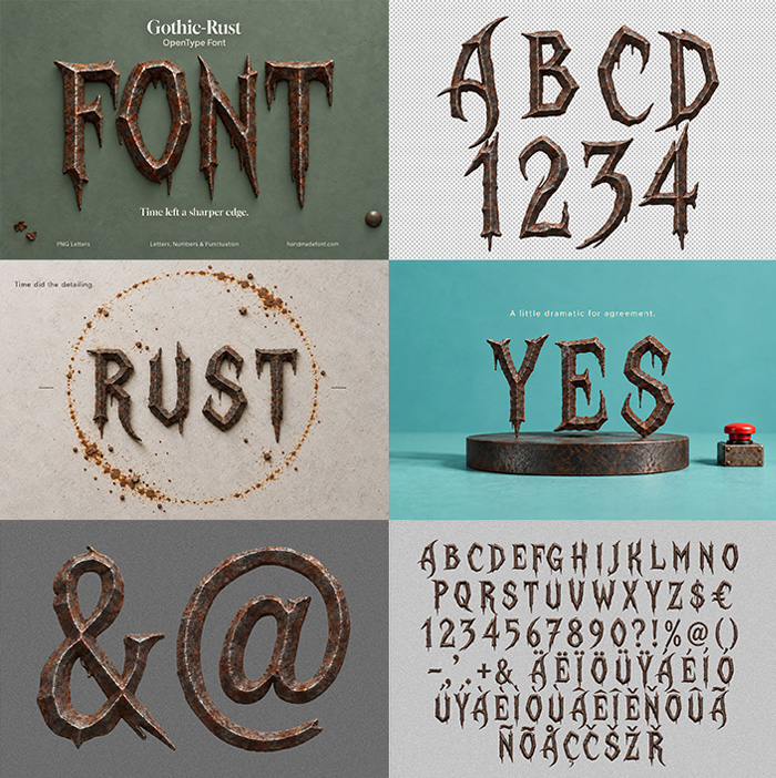 Preview grid of the Gothic Rust Font showing the word FONT, the word RUST, the ampersand and the full alphabet