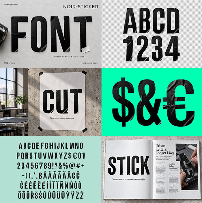 Preview collage of the Noir Sticker Font with the cover, character set, CUT poster, currency signs and a STICK magazine spread