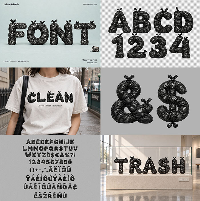Preview sheet of the Urban Rubbish Font with knotted bag letters