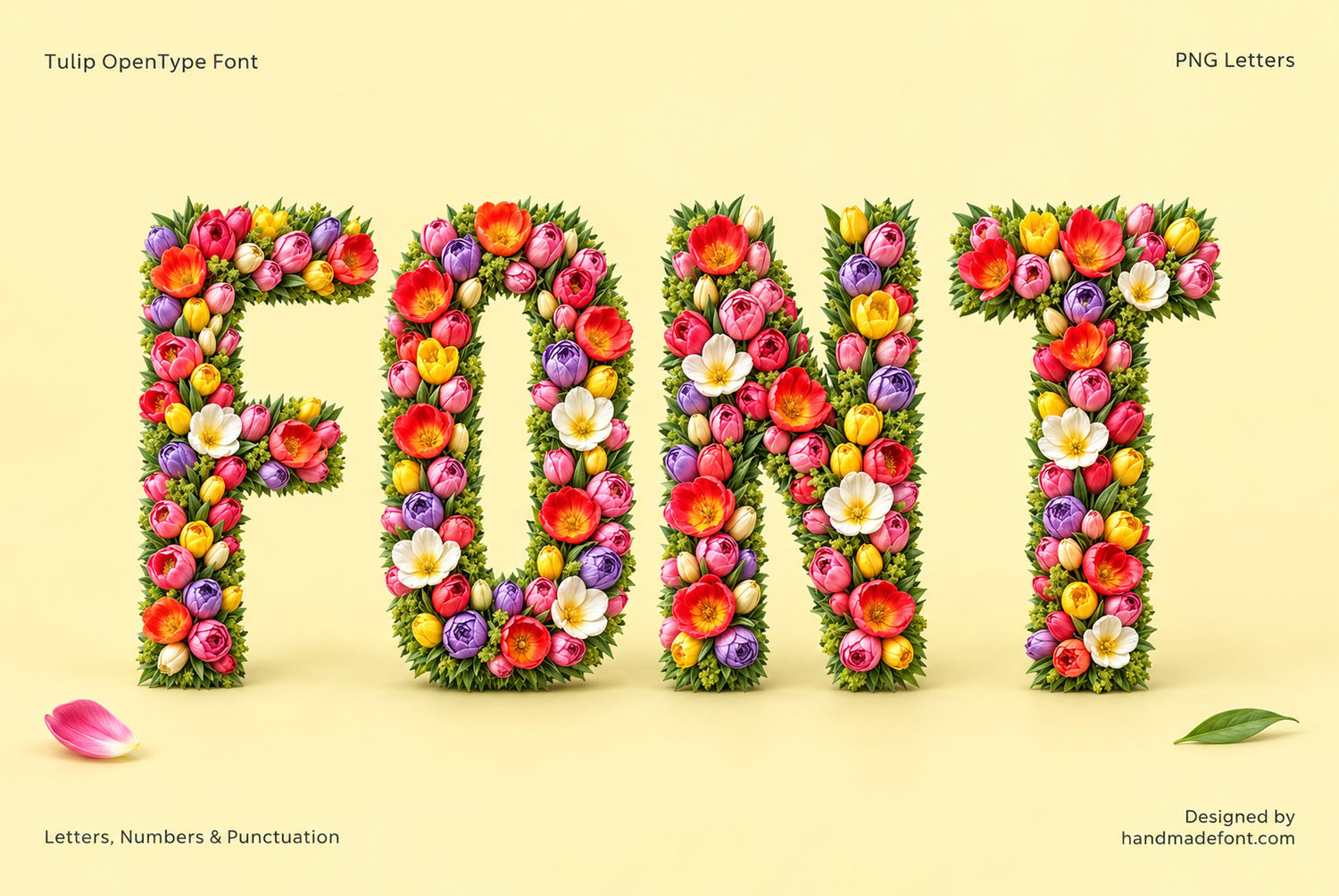 Tulip Font cover design The word FONT set in the Tulip Font on a cream cover with fallen petals