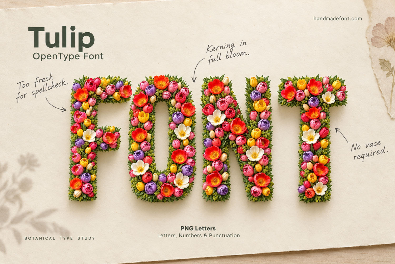 Tulip Font specimen sheet Specimen sheet of the Tulip Font with handwritten notes beside the flower letters