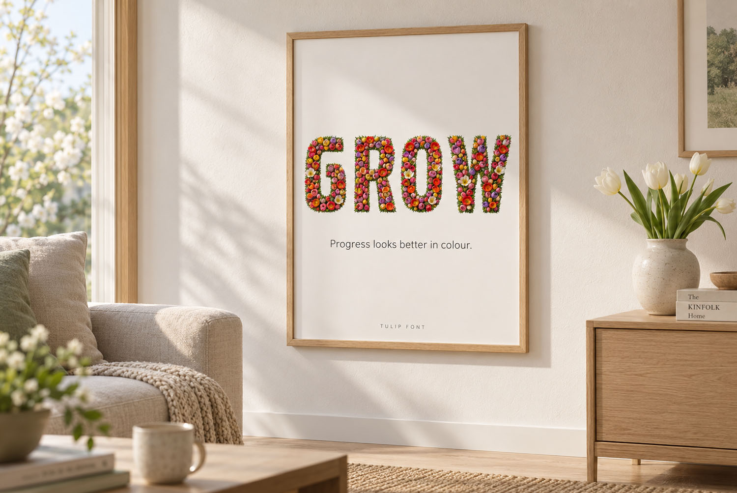 Tulip Font framed poster The word GROW in the Tulip Font framed as a poster above a living room chair