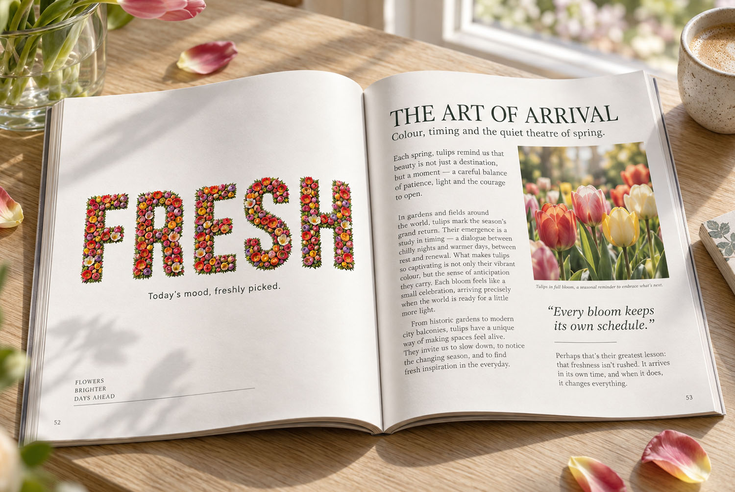 Tulip Font magazine spread Magazine spread with the word FRESH set in the Tulip Font beside tulip photographs