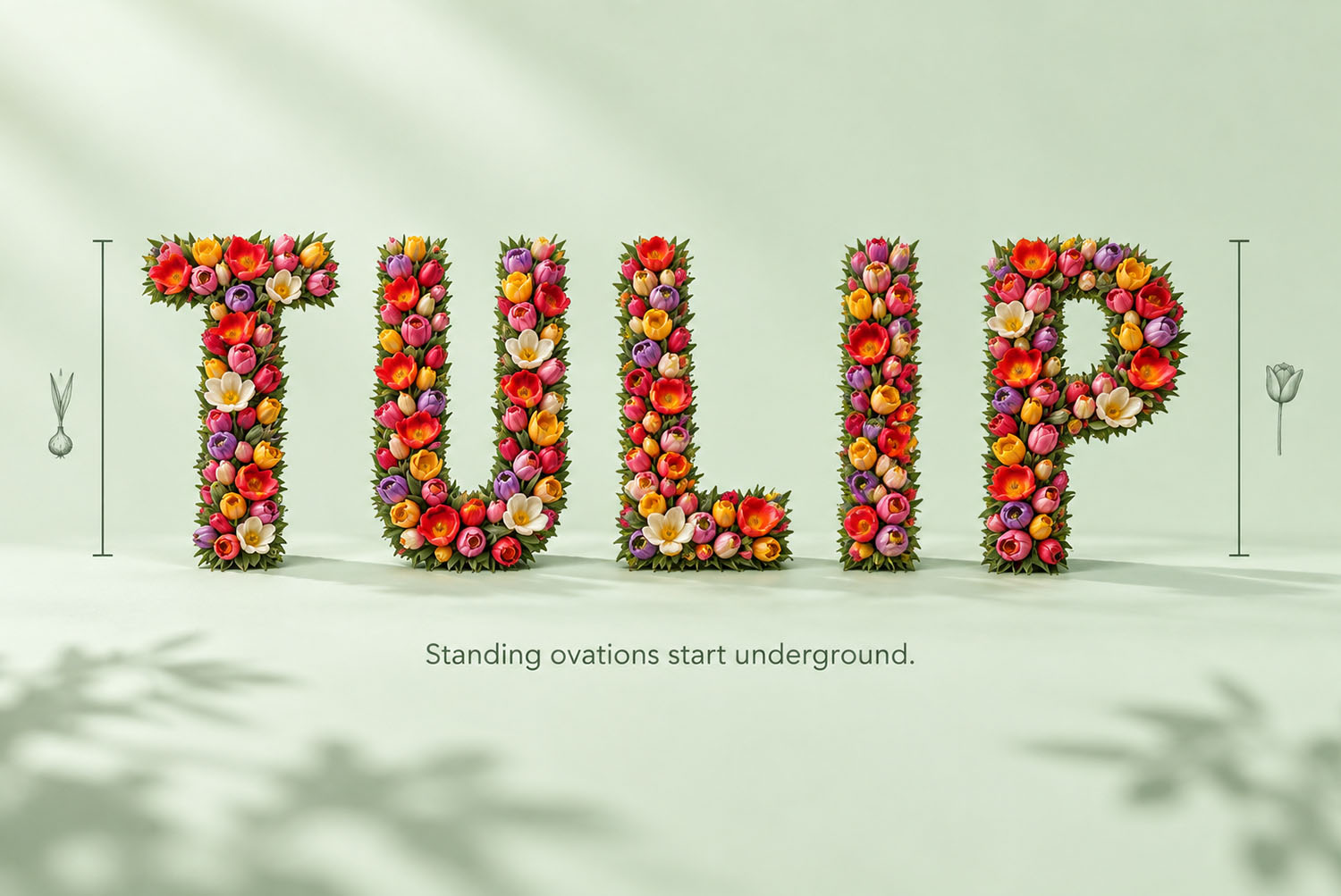 Tulip Font wall lettering The word TULIP in the Tulip Font on a pale green wall with leaf shadows