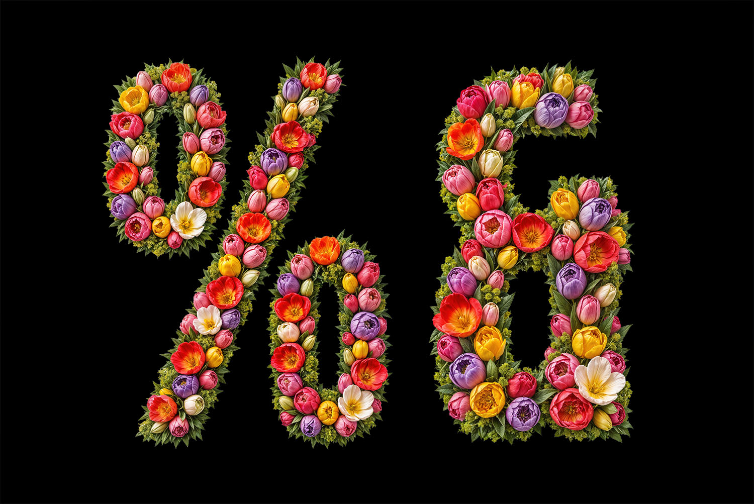 Tulip Font symbols Percent and ampersand signs of the Tulip Font made of flowers on black