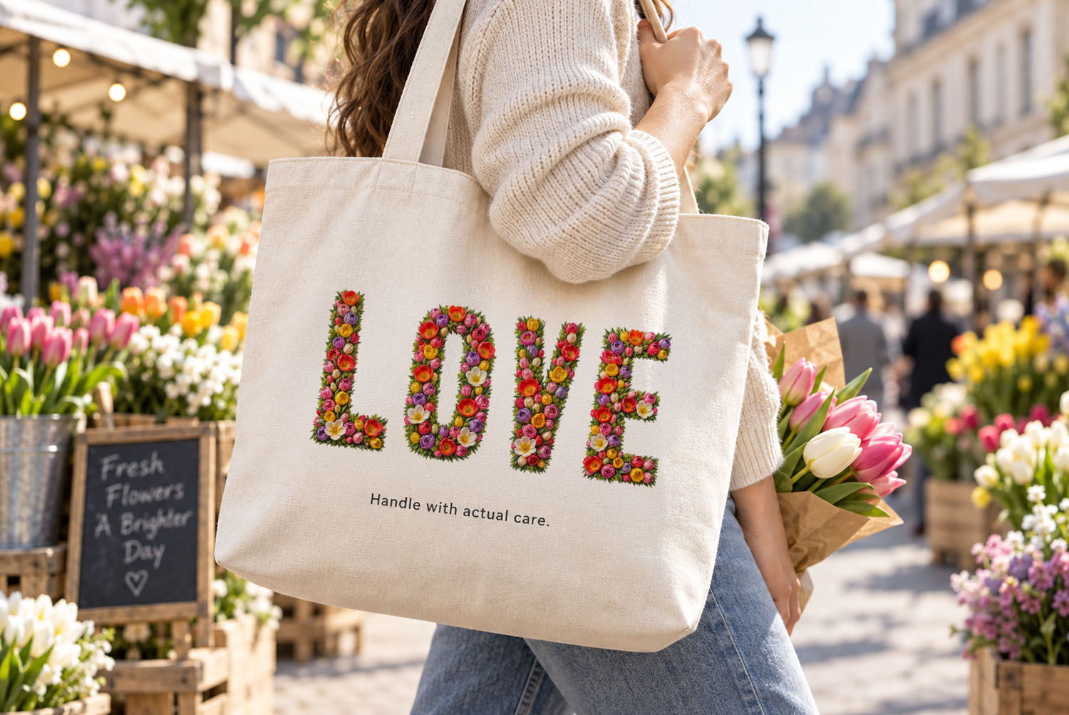Tulip Font on a canvas tote The word LOVE in the Tulip Font printed on a canvas tote at a flower market