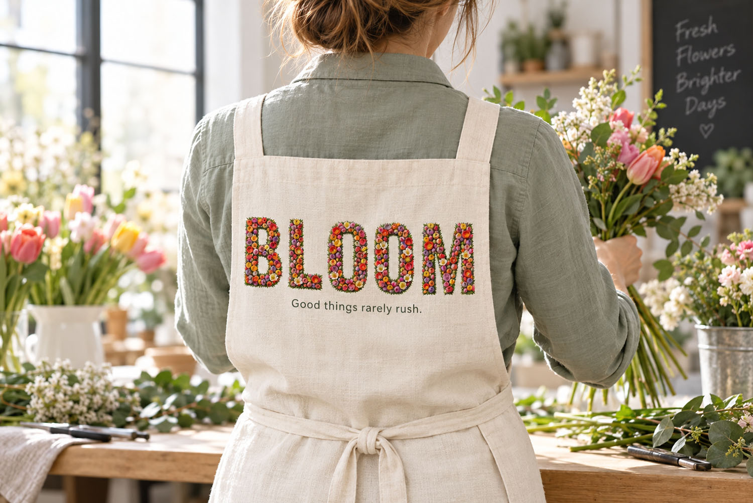 Tulip Font on a florist apron The word BLOOM in the Tulip Font across the back of a florist apron