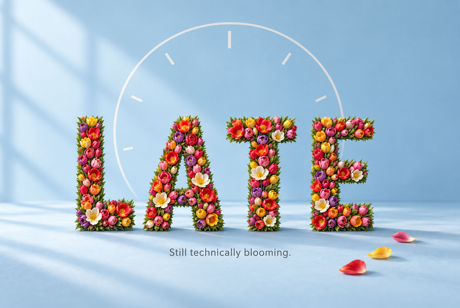 Tulip Font on a blue wall The word LATE in the Tulip Font on a pale blue wall beside a clock