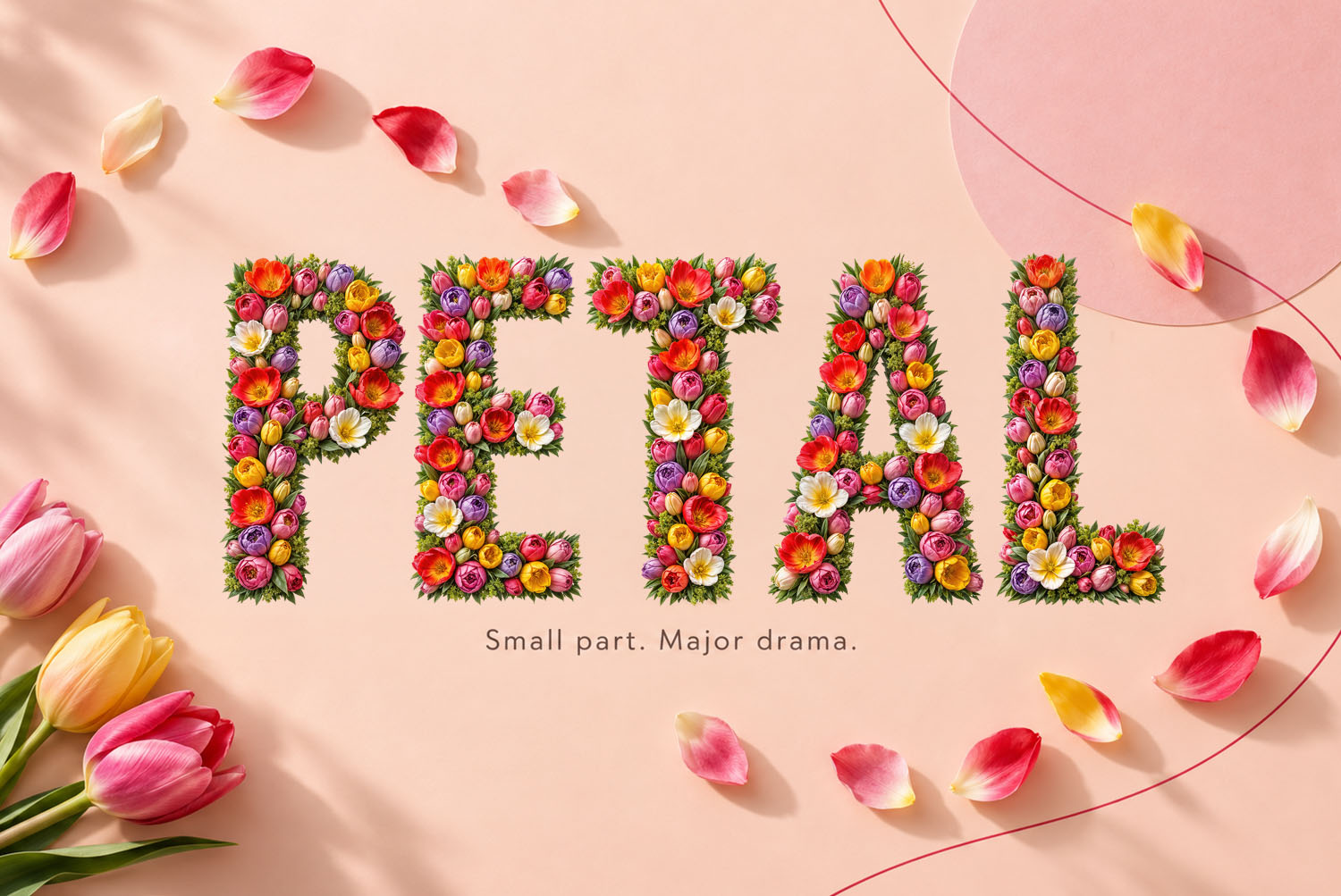 Tulip Font on pink paper The word PETAL in the Tulip Font on pink paper scattered with petals