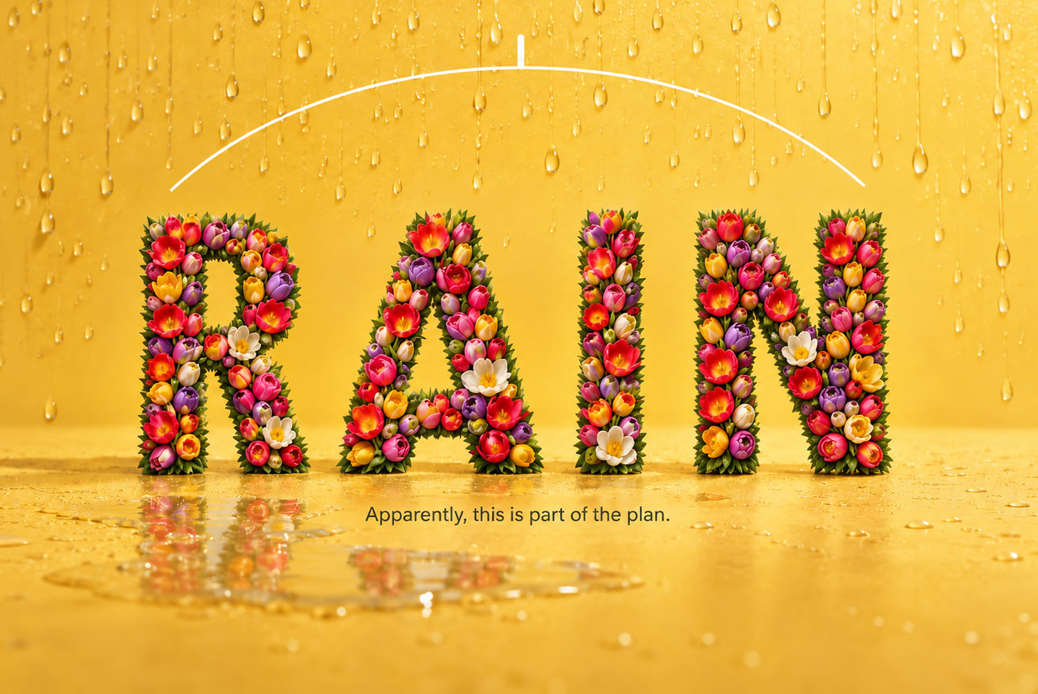 Tulip Font under water drops The word RAIN in the Tulip Font on a yellow surface covered in water drops