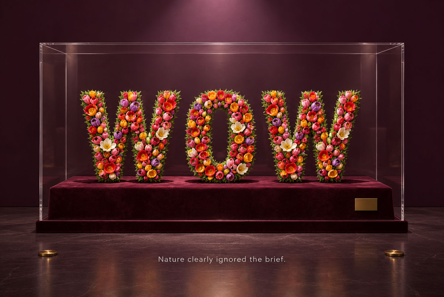 Tulip Font in a display case The word WOW in the Tulip Font lit inside a glass display case