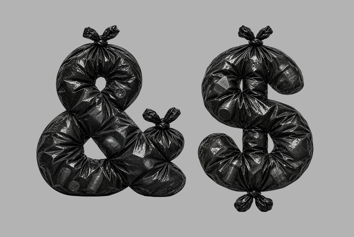 Ampersand and dollar sign of the Urban Rubbish Font Ampersand and dollar sign of the Urban Rubbish Font in glossy black plastic