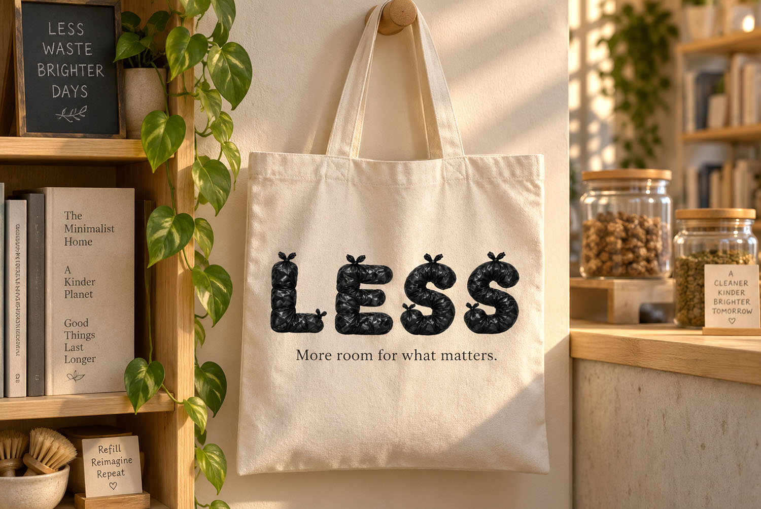 Tote bag printed with the Urban Rubbish Font Cotton tote bag reading LESS printed in the Urban Rubbish Font