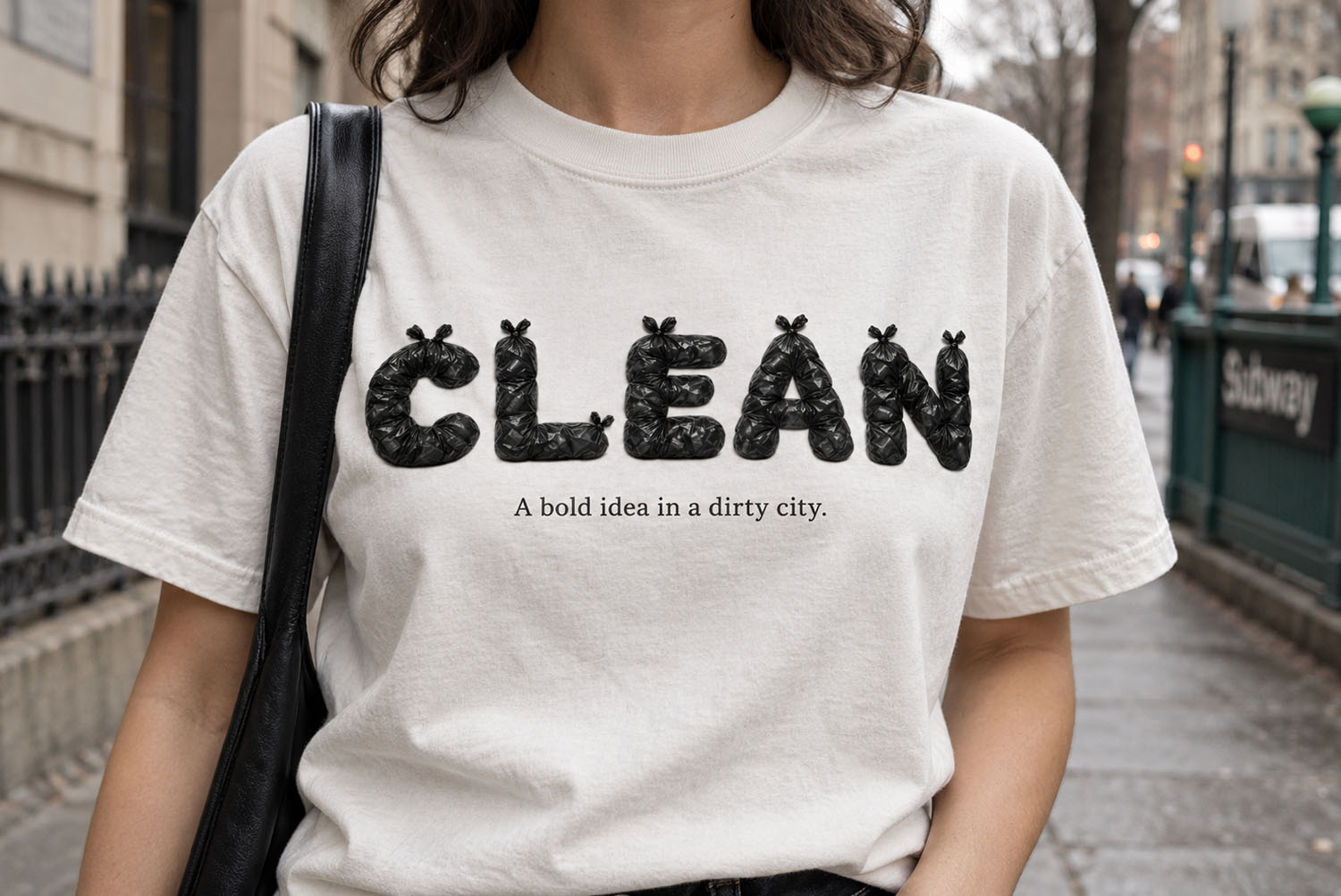 T-shirt printed with the Urban Rubbish Font White t-shirt reading CLEAN printed in the Urban Rubbish Font