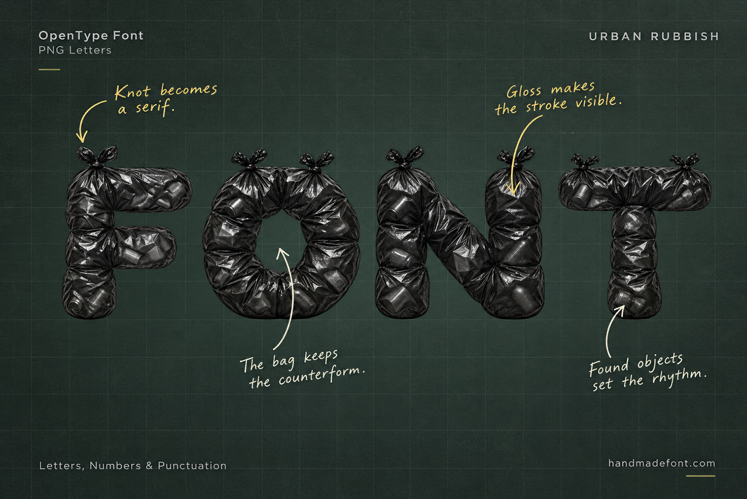 Urban Rubbish Font poster cover Poster cover with the Urban Rubbish Font name over bag capitals