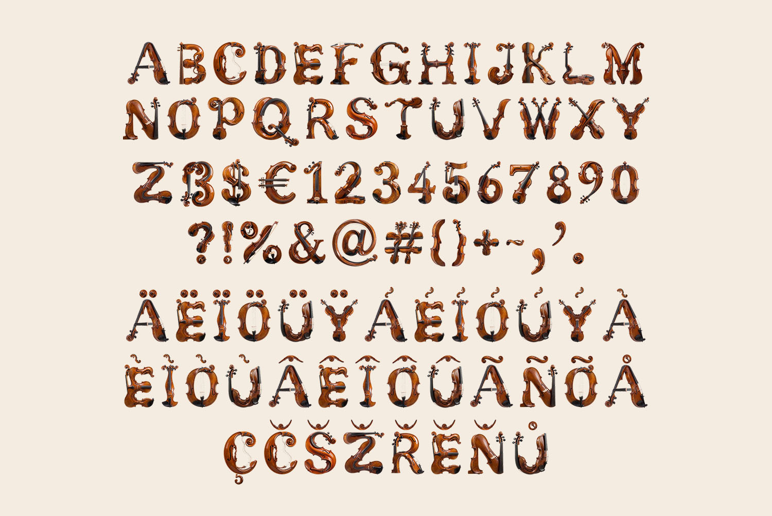 Violin Harmony Font Alphabet on Cream Violin Harmony Font alphabet, figures and accented letters on a cream background