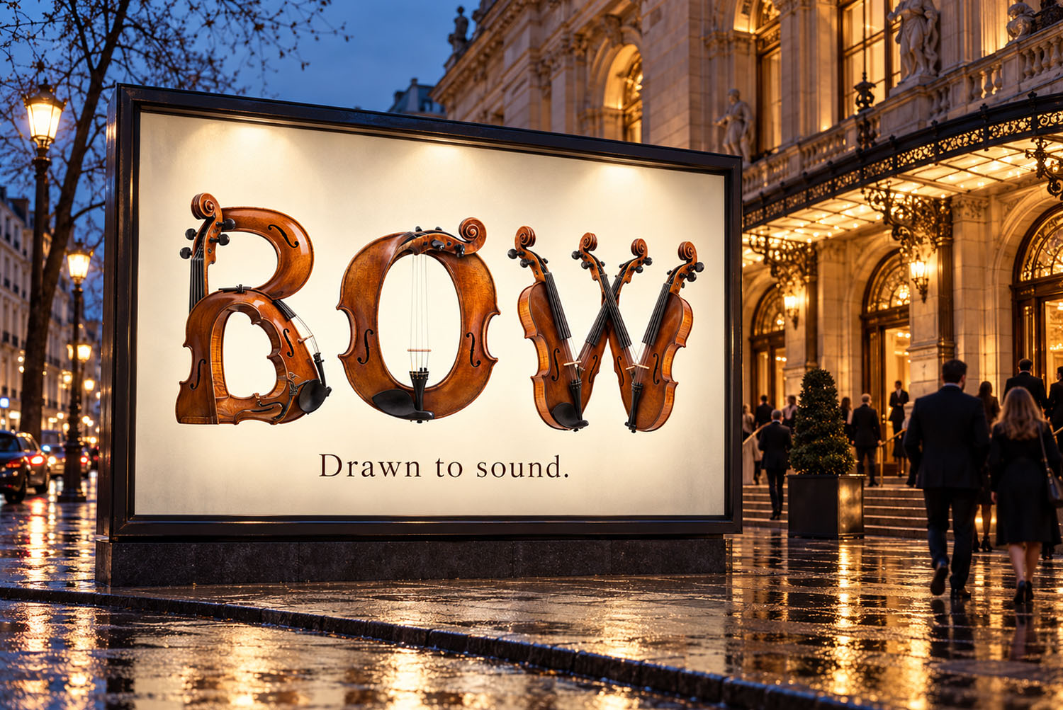 Violin Harmony Font BOW Billboard BOW in the Violin Harmony Font on a lit billboard on a wet evening street
