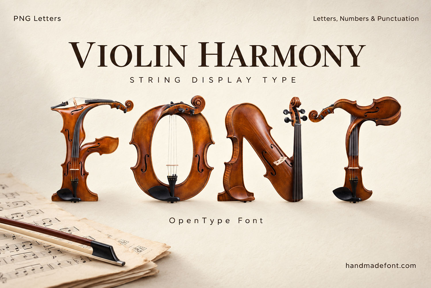 Violin Harmony Font Cover With Sheet Music Violin Harmony Font cover spelling FONT on cream paper with sheet music and a bow