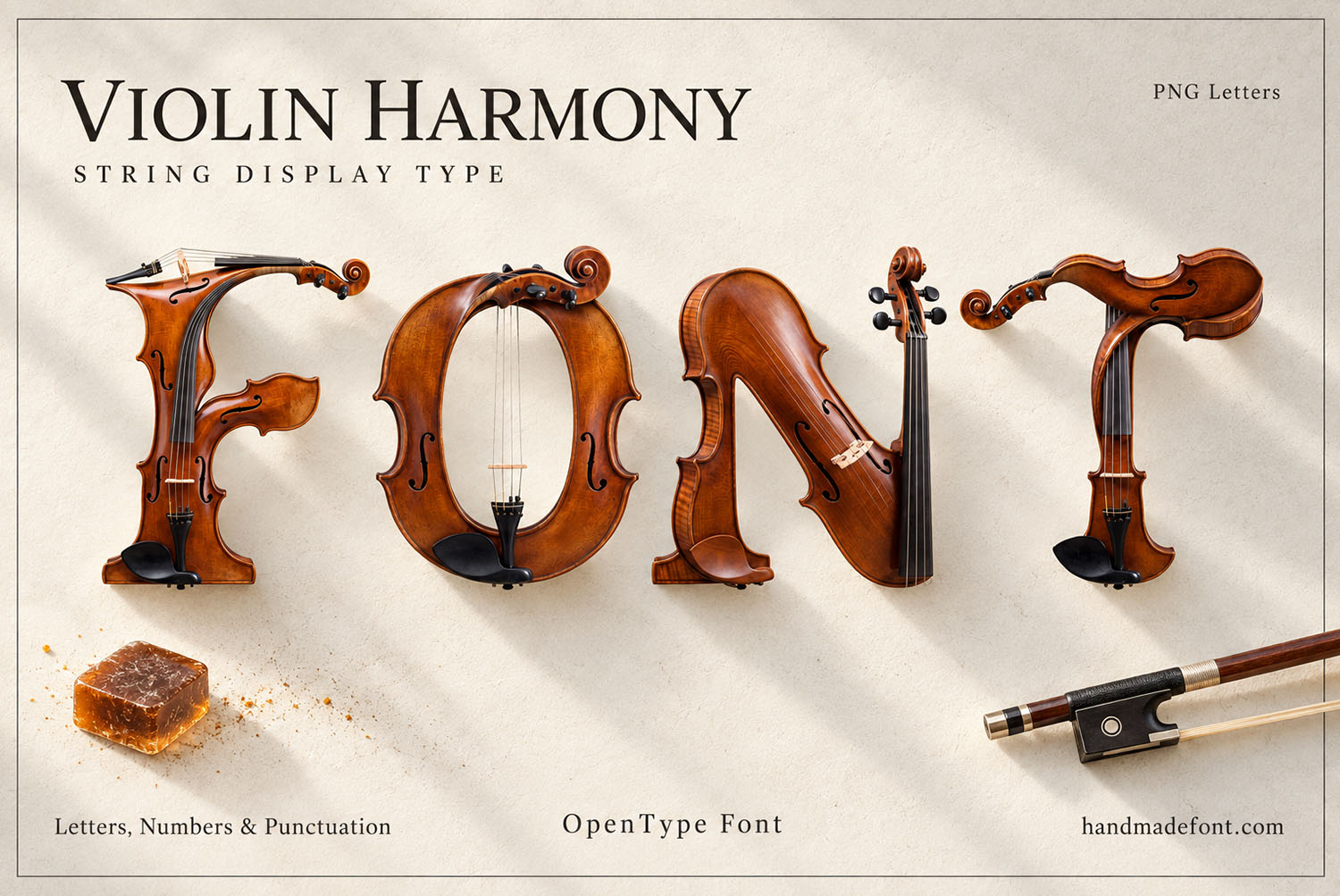 Violin Harmony Font Cover With Rosin Violin Harmony Font cover spelling FONT with a block of rosin and a bow