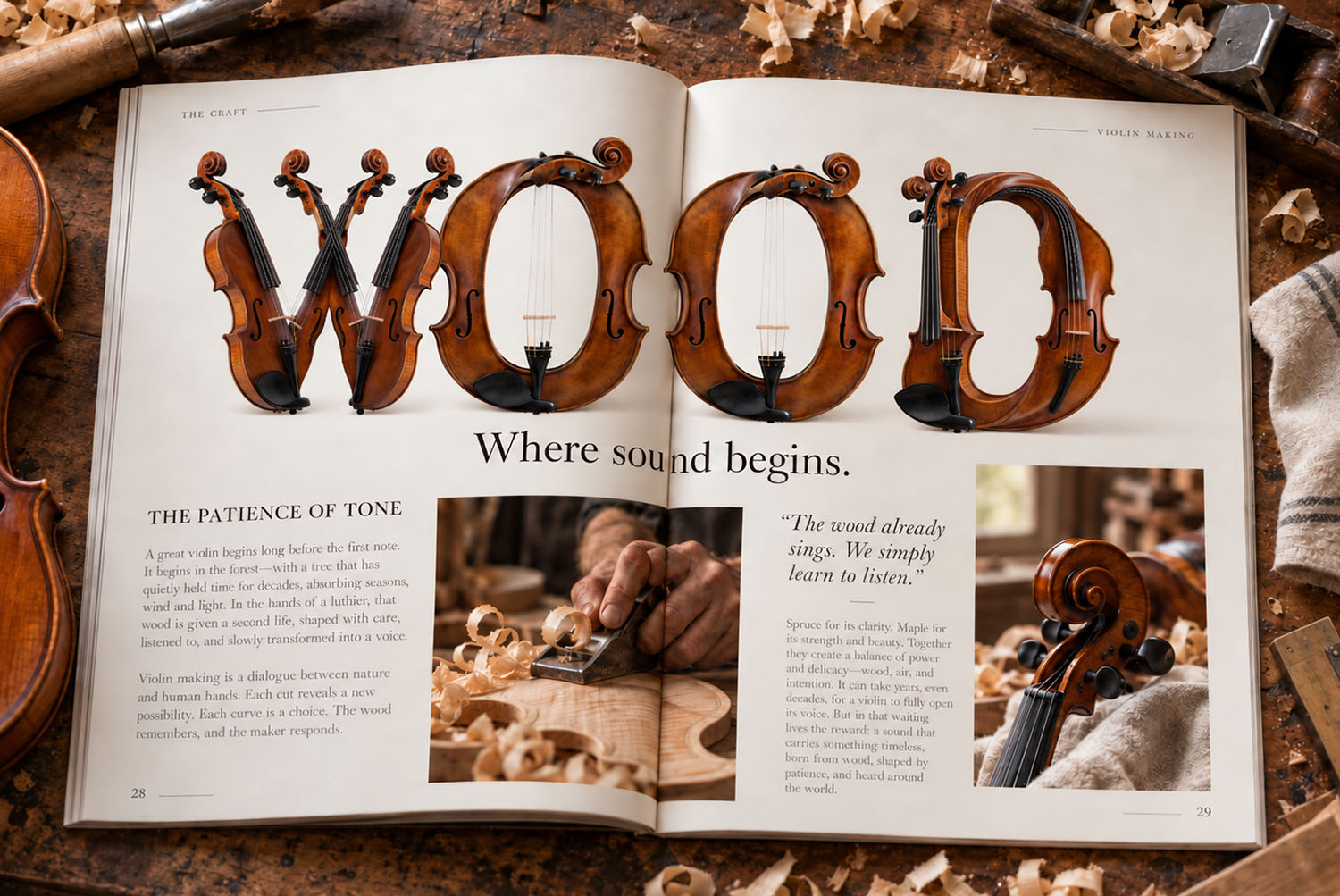 Violin Harmony Font WOOD Magazine Spread Magazine spread with the headline WOOD in the Violin Harmony Font beside a luthier at work
