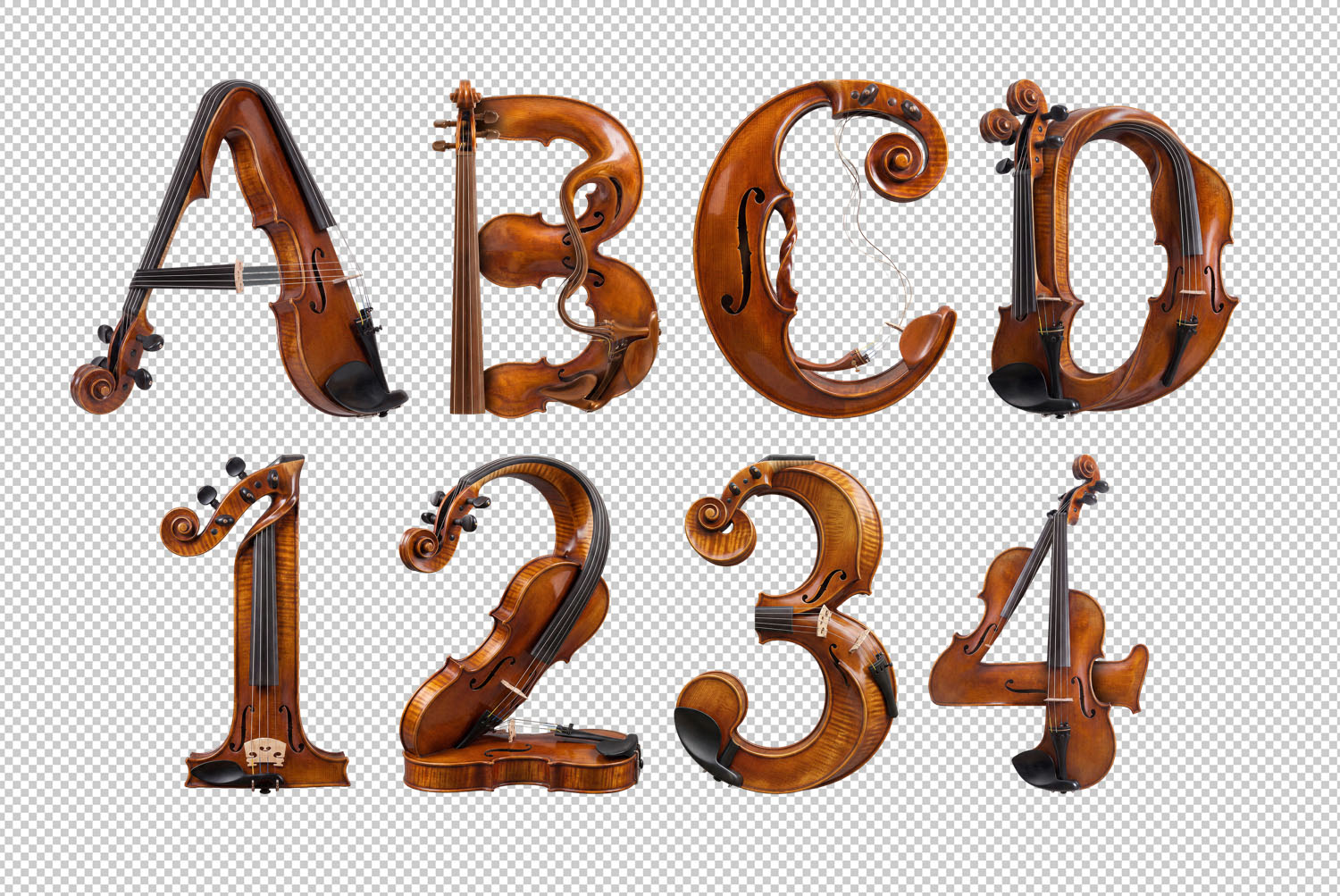 Violin Harmony Font PNG Letters Transparent PNG letters A B C D and figures 1 2 3 4 from the Violin Harmony Font