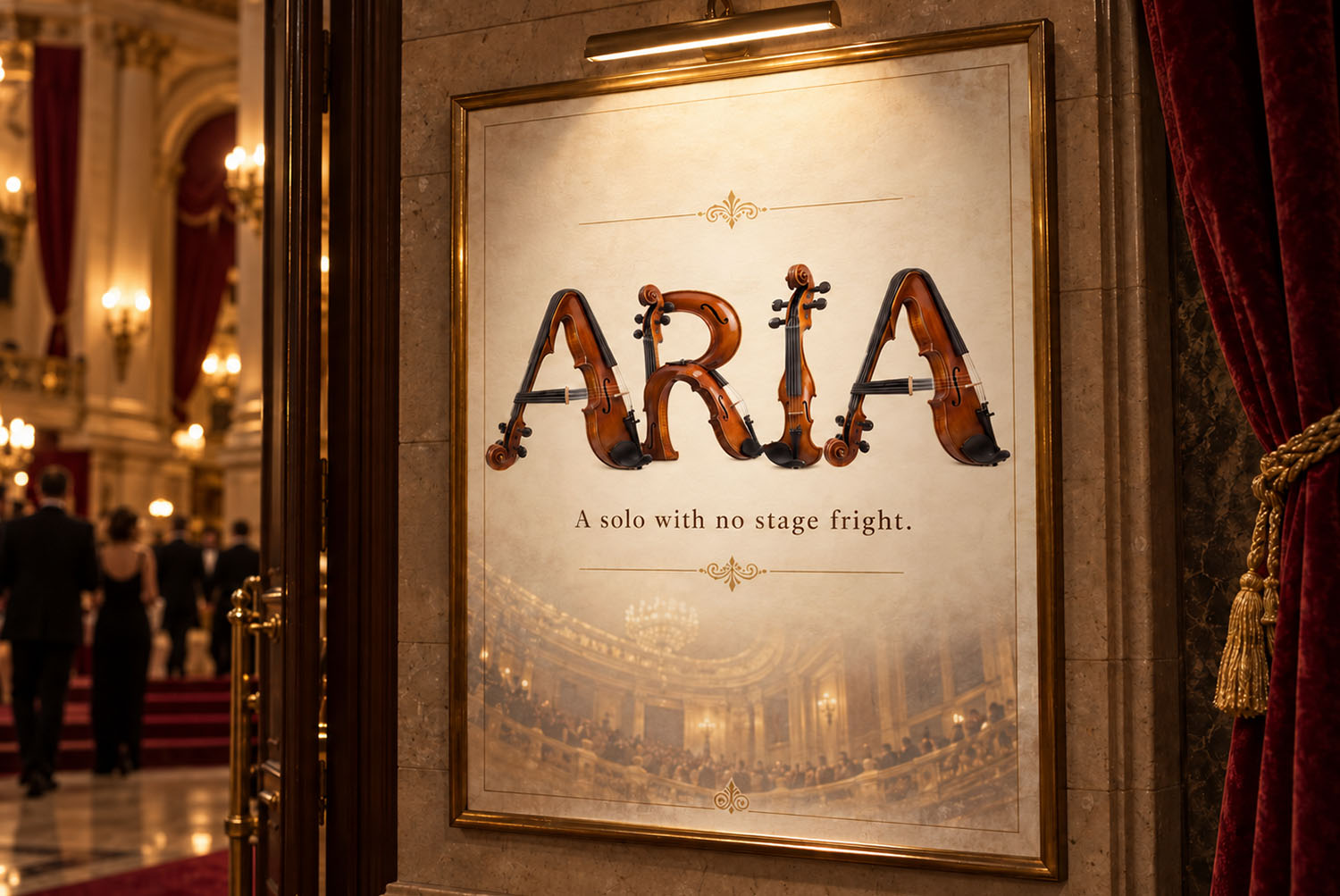 Violin Harmony Font ARIA Poster Framed ARIA poster in the Violin Harmony Font in a gilded opera foyer