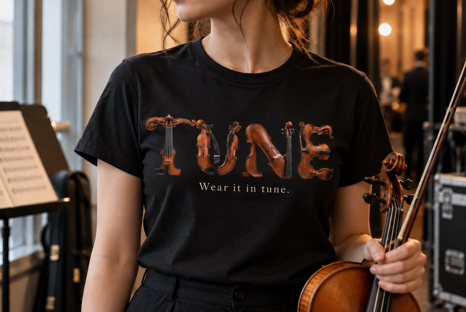Violin Harmony Font TUNE T-Shirt Musician in a black t-shirt printed with TUNE in the Violin Harmony Font