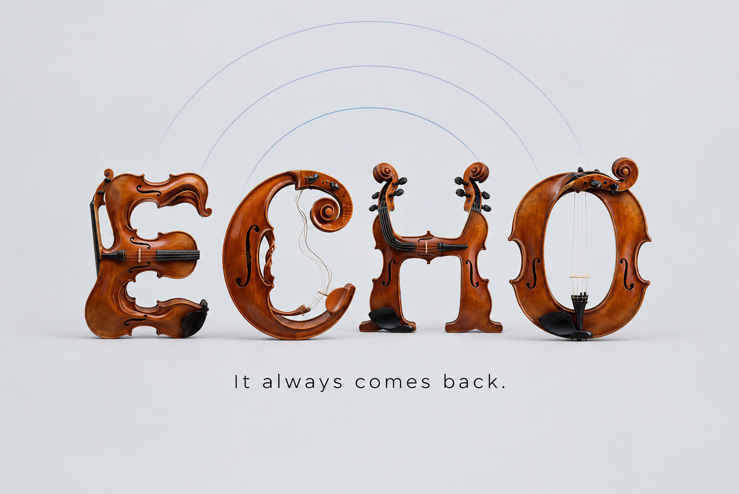 Violin Harmony Font ECHO on Grey ECHO in the Violin Harmony Font on a light grey background with faint sound rings