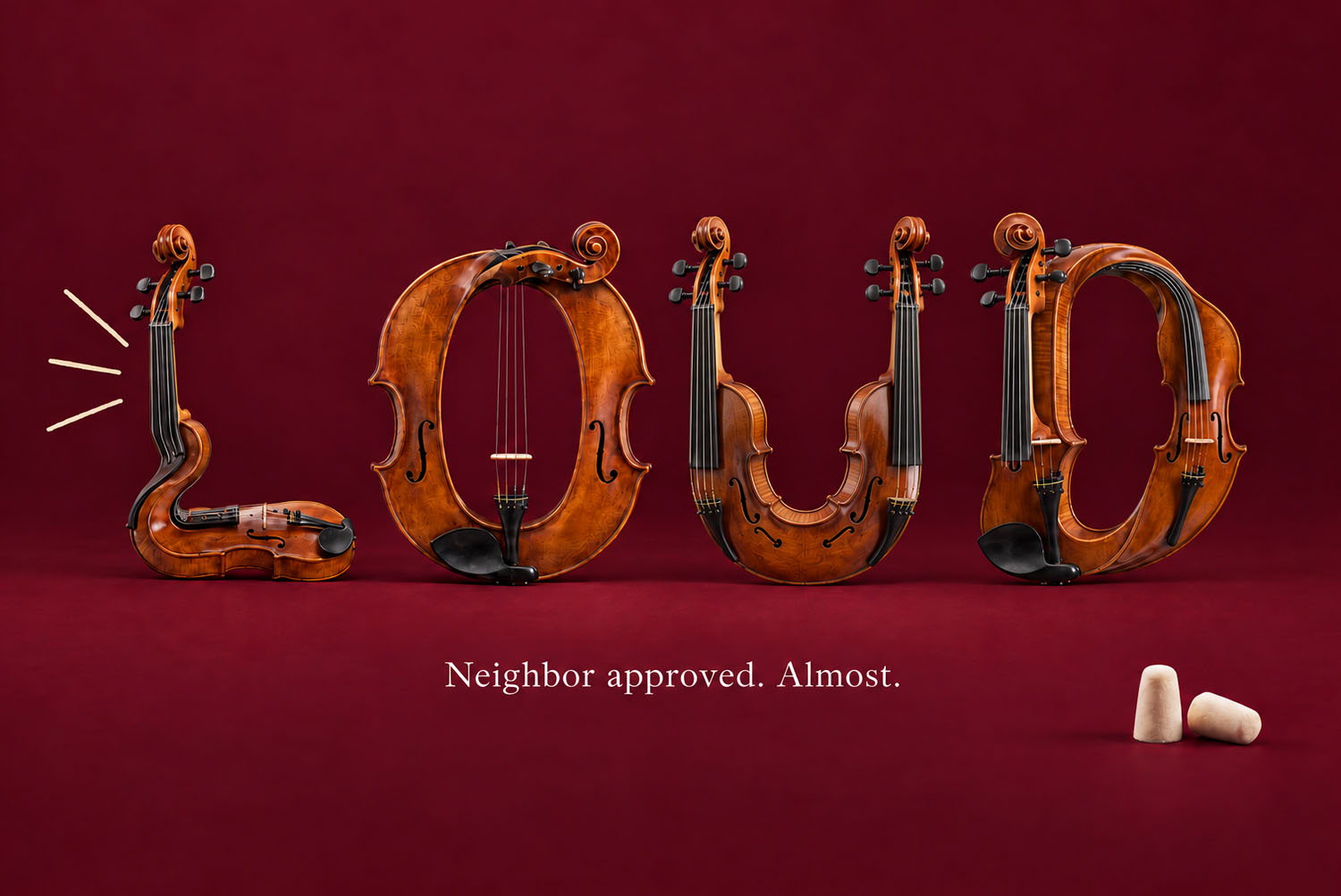 Violin Harmony Font LOUD on Red LOUD in the Violin Harmony Font on deep red with a pair of earplugs