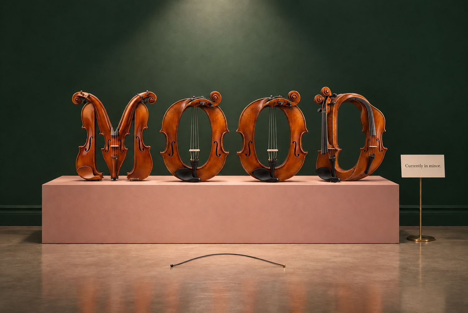 Violin Harmony Font MOOD on a Plinth MOOD in the Violin Harmony Font on a pink plinth against a dark green wall