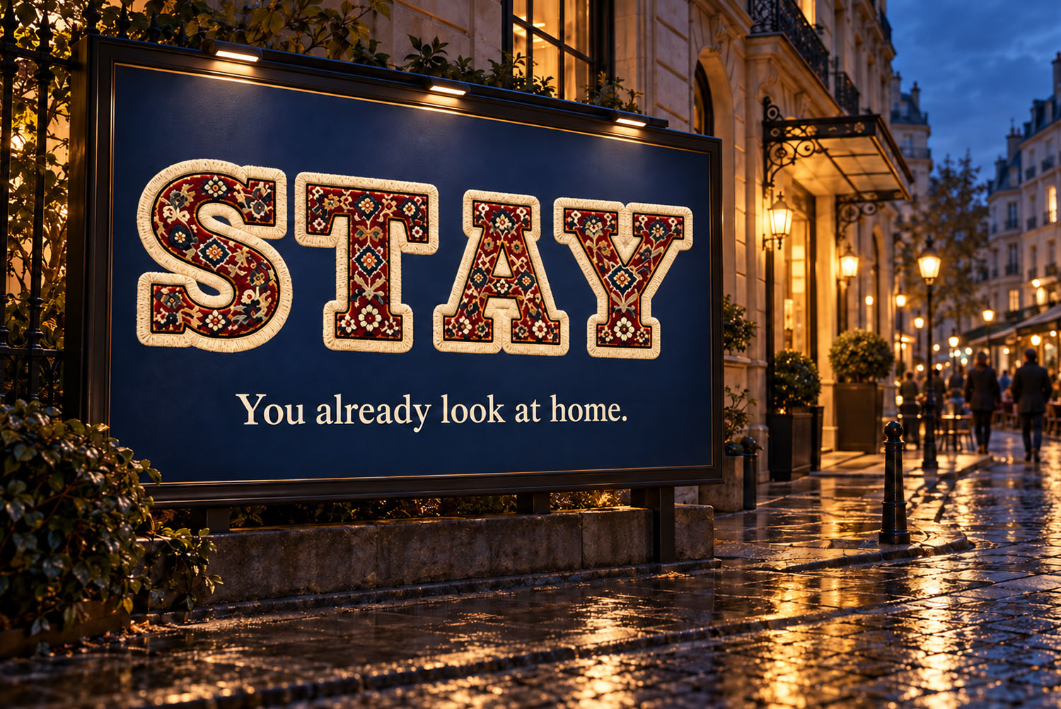 Woven Carpet Font STAY Billboard Woven Carpet Font spelling STAY on a navy billboard on a wet city street at night
