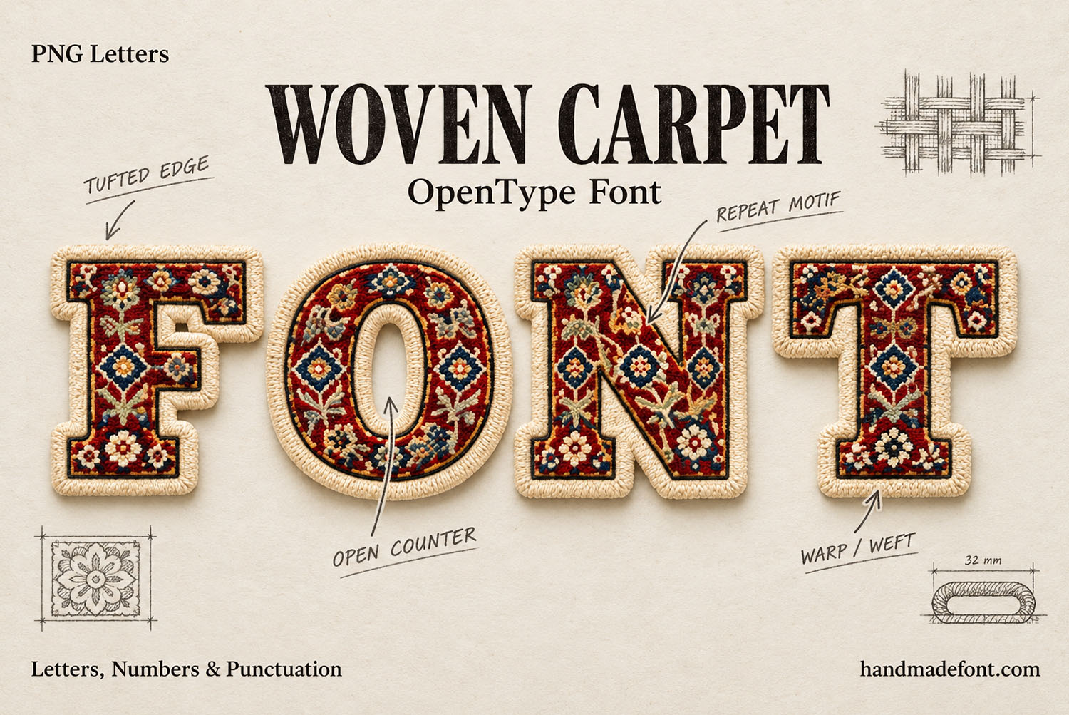 Woven Carpet Font Annotated Cover Annotated cover of the Woven Carpet Font with the word FONT and sketch notes on the tufted edge and the weave