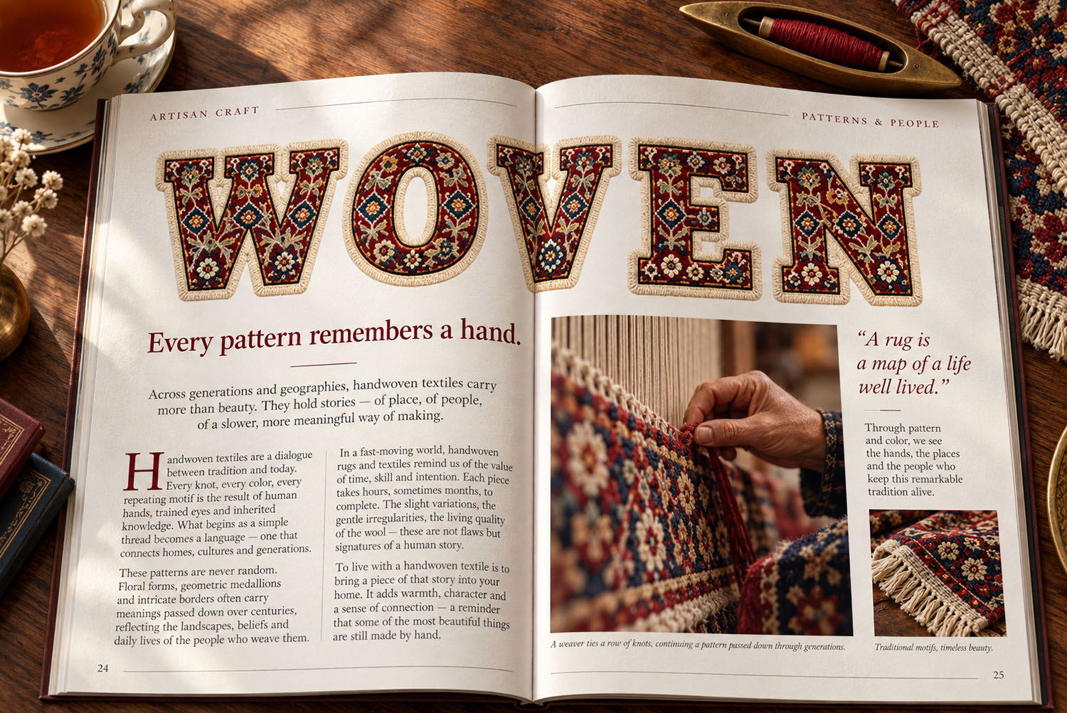 Woven Carpet Font Magazine Spread Magazine spread with the headline WOVEN set in the Woven Carpet Font beside photos of a loom