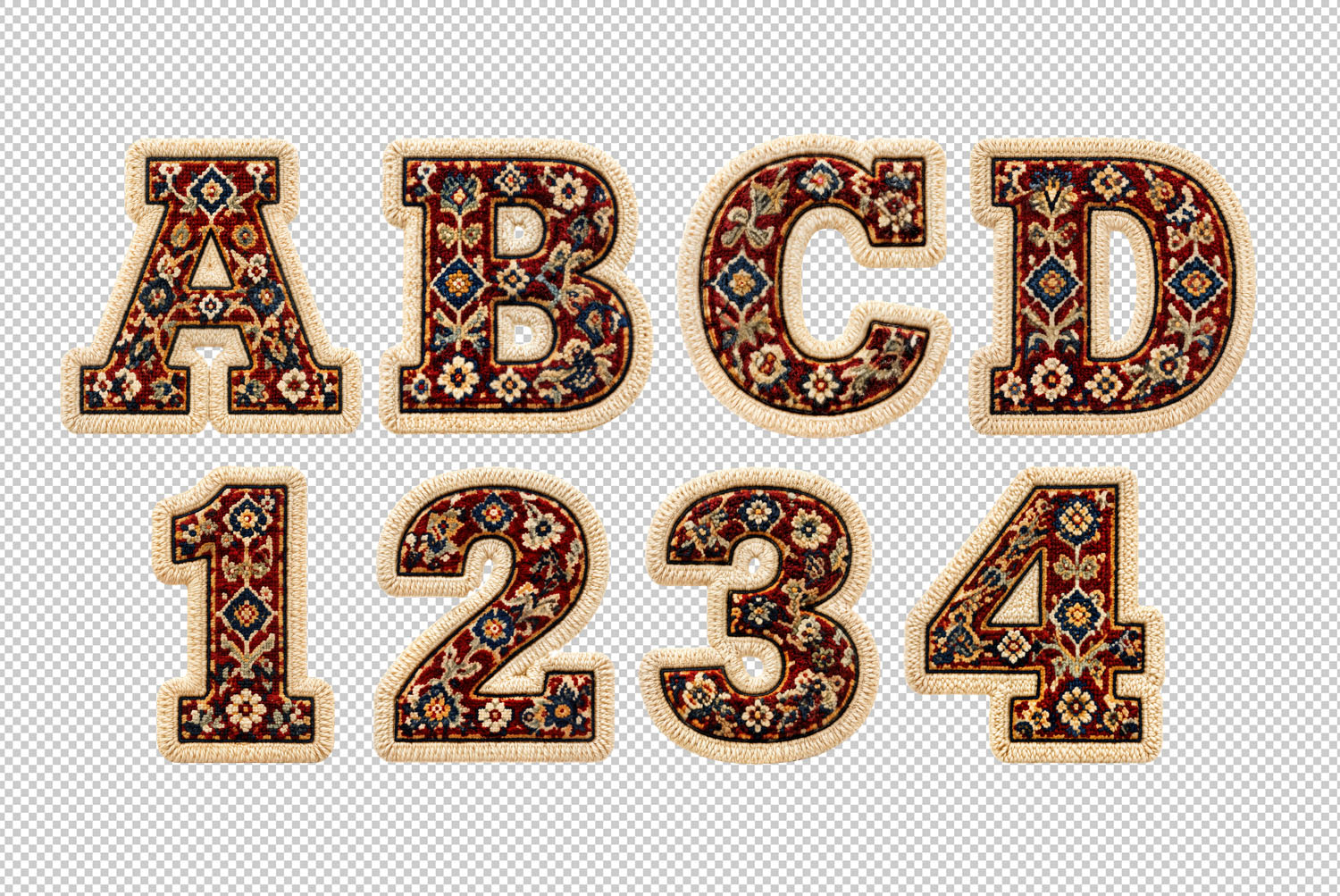 Woven Carpet Font PNG Letters Transparent PNG letters A B C D and figures 1 2 3 4 from the Woven Carpet Font
