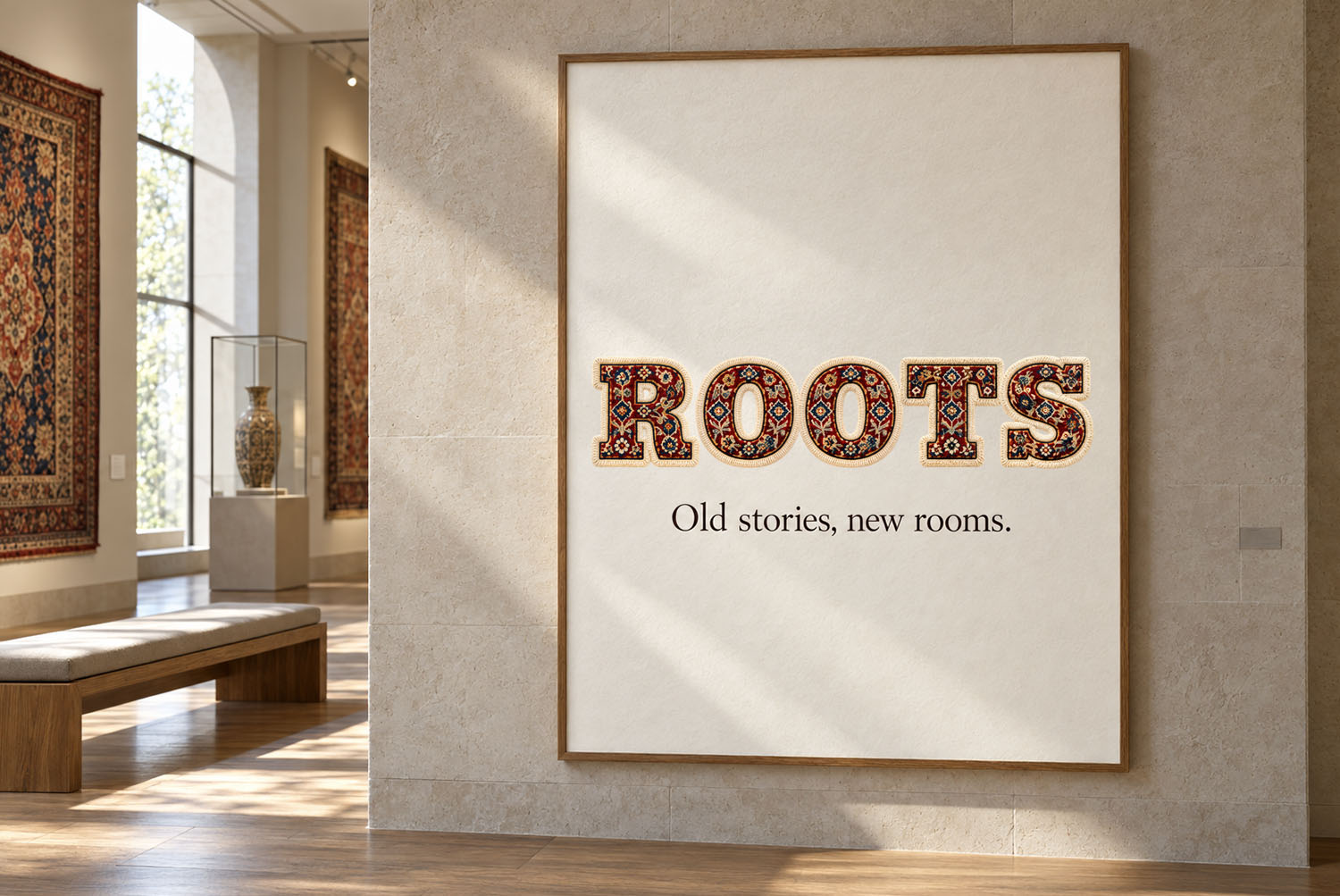 Woven Carpet Font ROOTS Poster Framed poster with the word ROOTS in the Woven Carpet Font hanging in a bright gallery