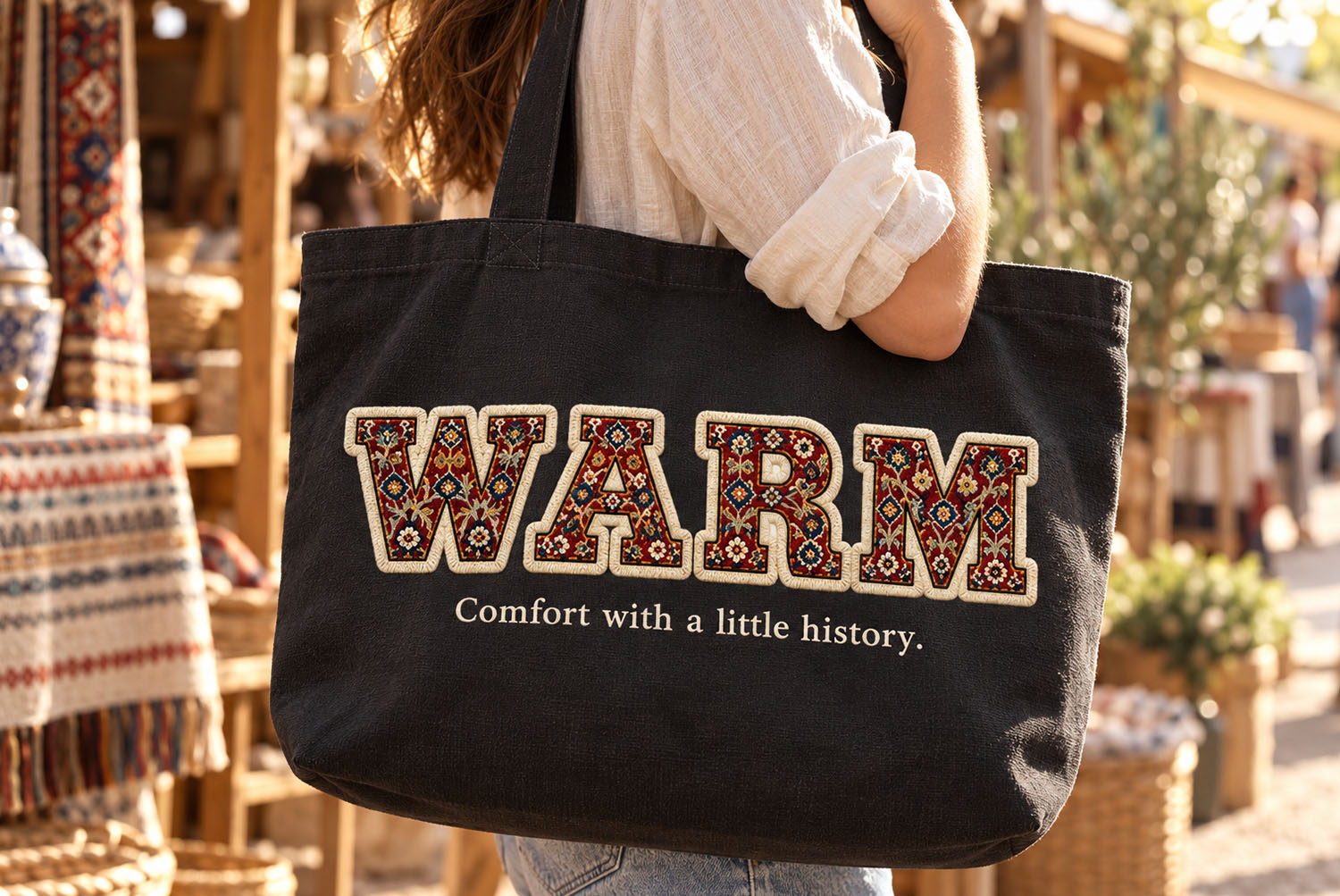 Woven Carpet Font WARM Tote Bag Black tote bag printed with WARM in the Woven Carpet Font at a market stall