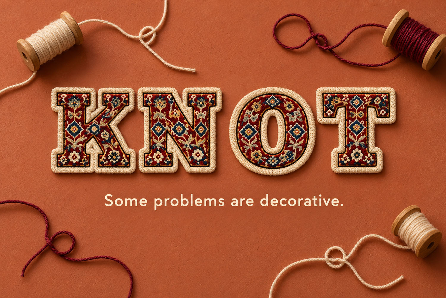 Woven Carpet Font KNOT With Thread Spools KNOT spelled in the Woven Carpet Font on terracotta with thread spools and loose yarn