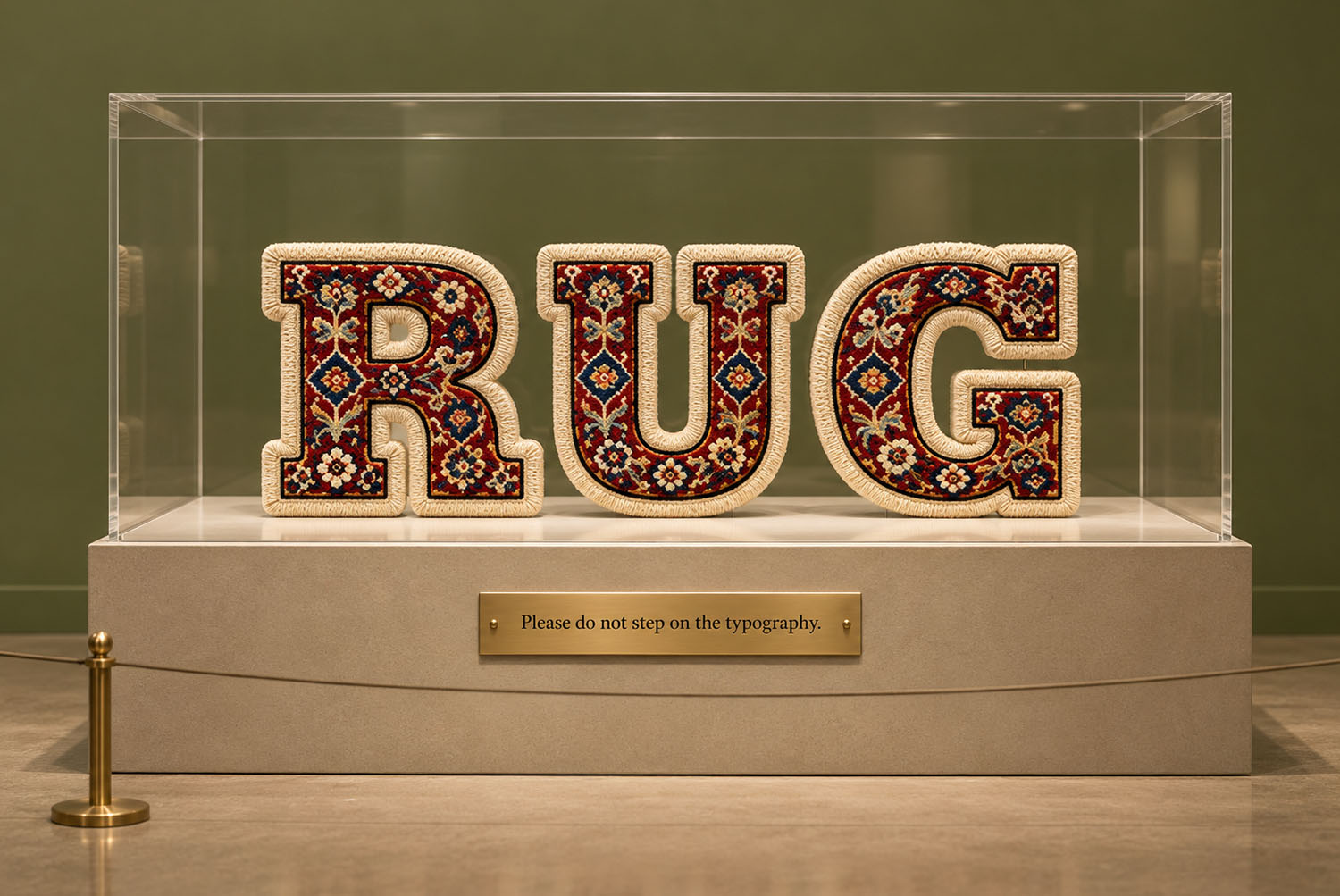 Woven Carpet Font RUG in a Display Case RUG in the Woven Carpet Font standing in a glass museum display case with a brass plaque