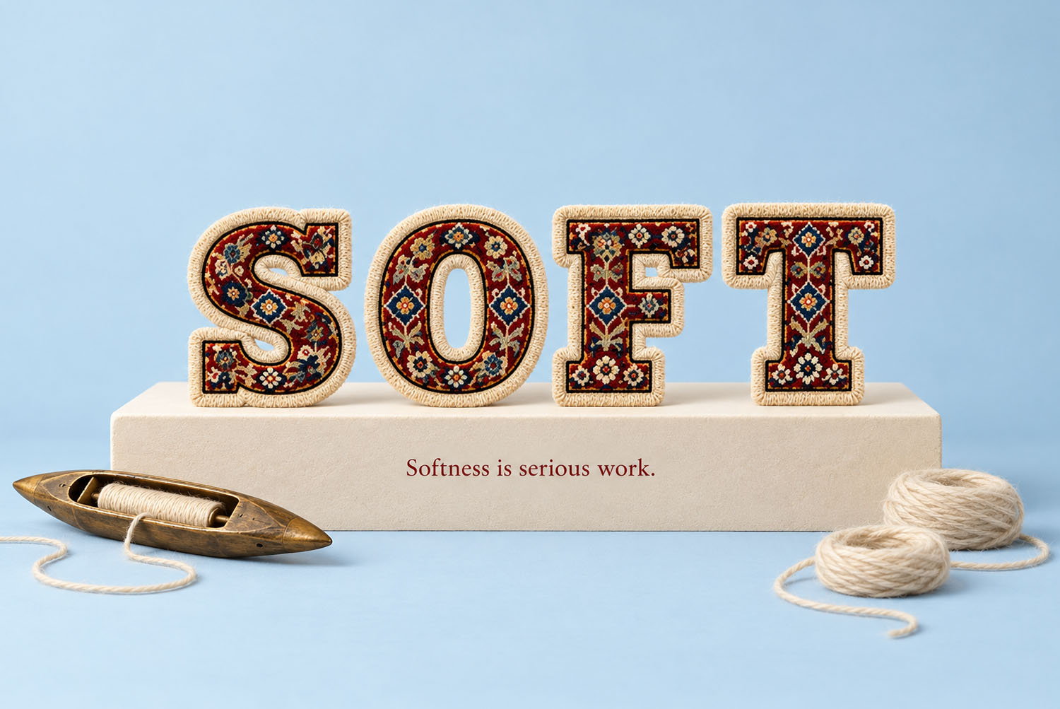 Woven Carpet Font SOFT With Yarn SOFT in the Woven Carpet Font on a plinth with a weaving shuttle and balls of cream yarn