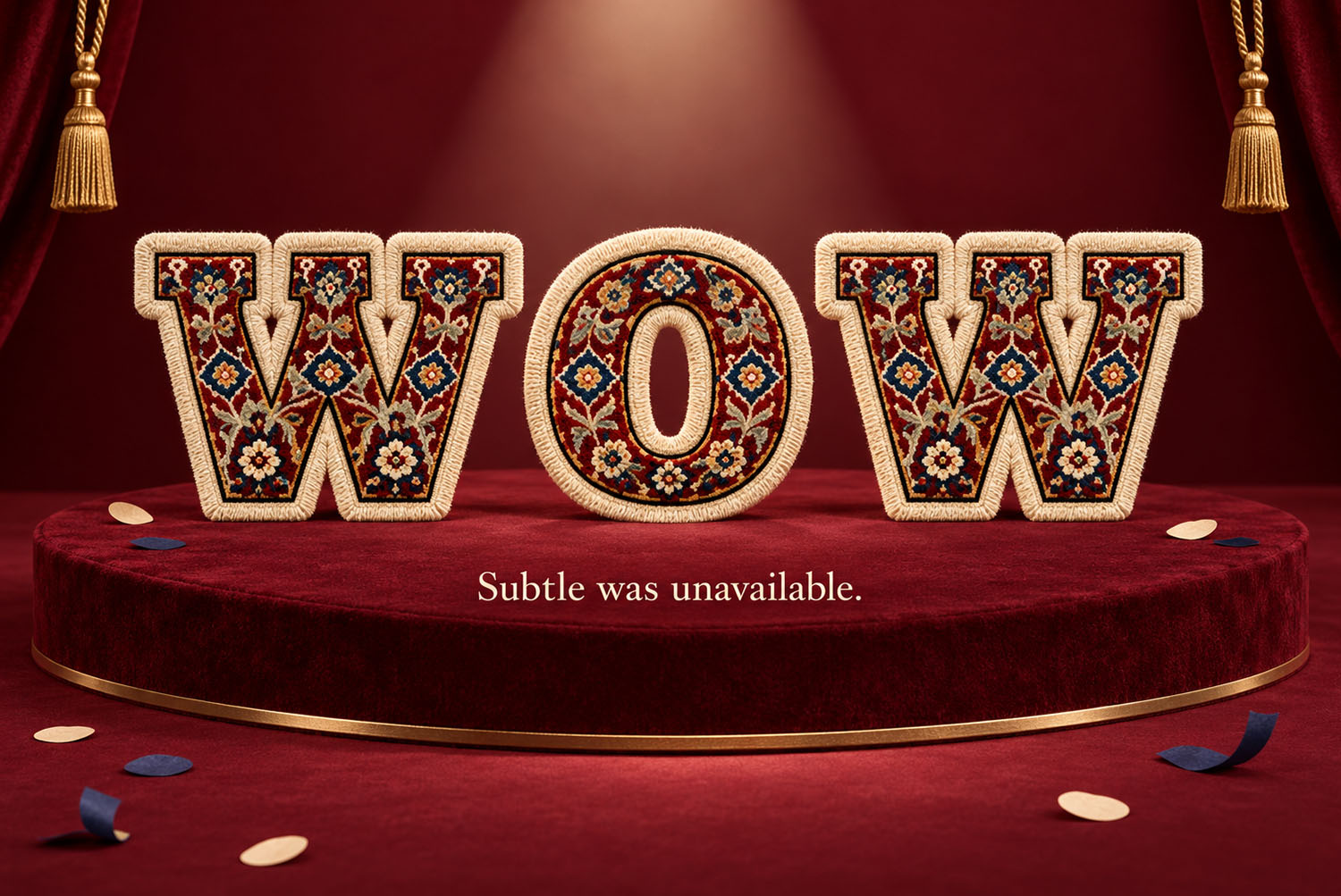 Woven Carpet Font WOW on Stage WOW in the Woven Carpet Font on a round red stage under a spotlight with tassels