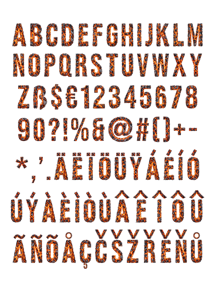 Full character set of the Burning Timber Font with capitals, figures, punctuation and accented letters in glowing charred wood