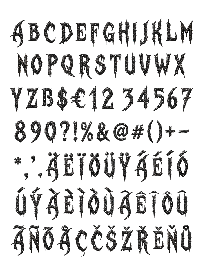 Full character set of the Gothic Punk Font: capitals, figures, symbols and accented letters in studded black leather