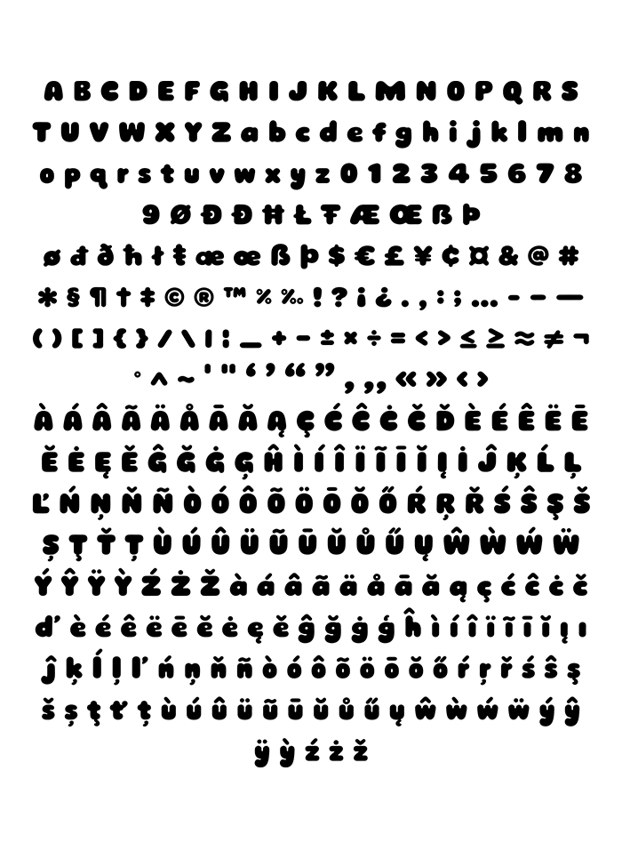 Full glyph chart of the Gummy Pop Font in black, with accented European Latin letters, figures and symbols