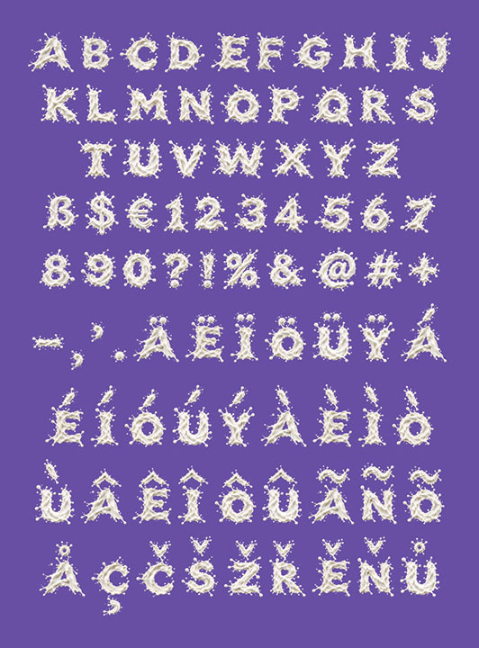 Character chart of the Milkstorm Font on purple: milk-splash capitals, figures, currency signs and accented letters