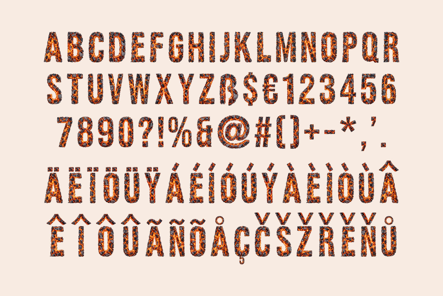 Burning Timber Font alphabet sheet Alphabet sheet of the Burning Timber Font on a warm cream background, from A to Z with figures and accents