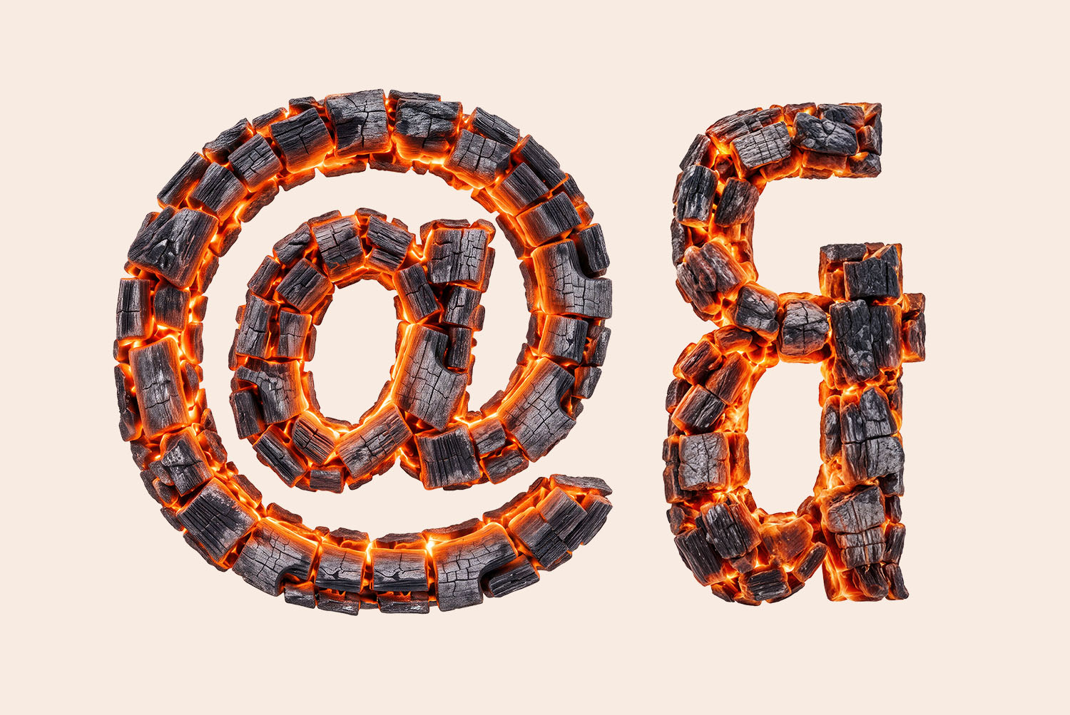 Burning Timber Font at sign and ampersand At sign and ampersand of the Burning Timber Font with glowing cracks between the charred blocks