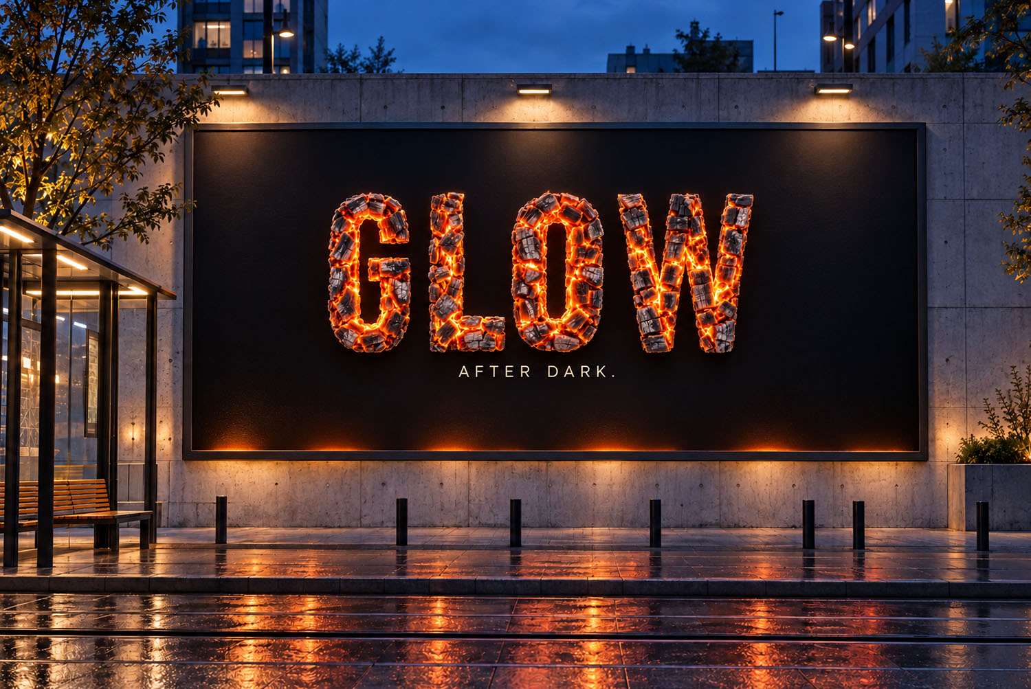 Burning Timber Font GLOW billboard GLOW written in the Burning Timber Font on a dark outdoor billboard at night
